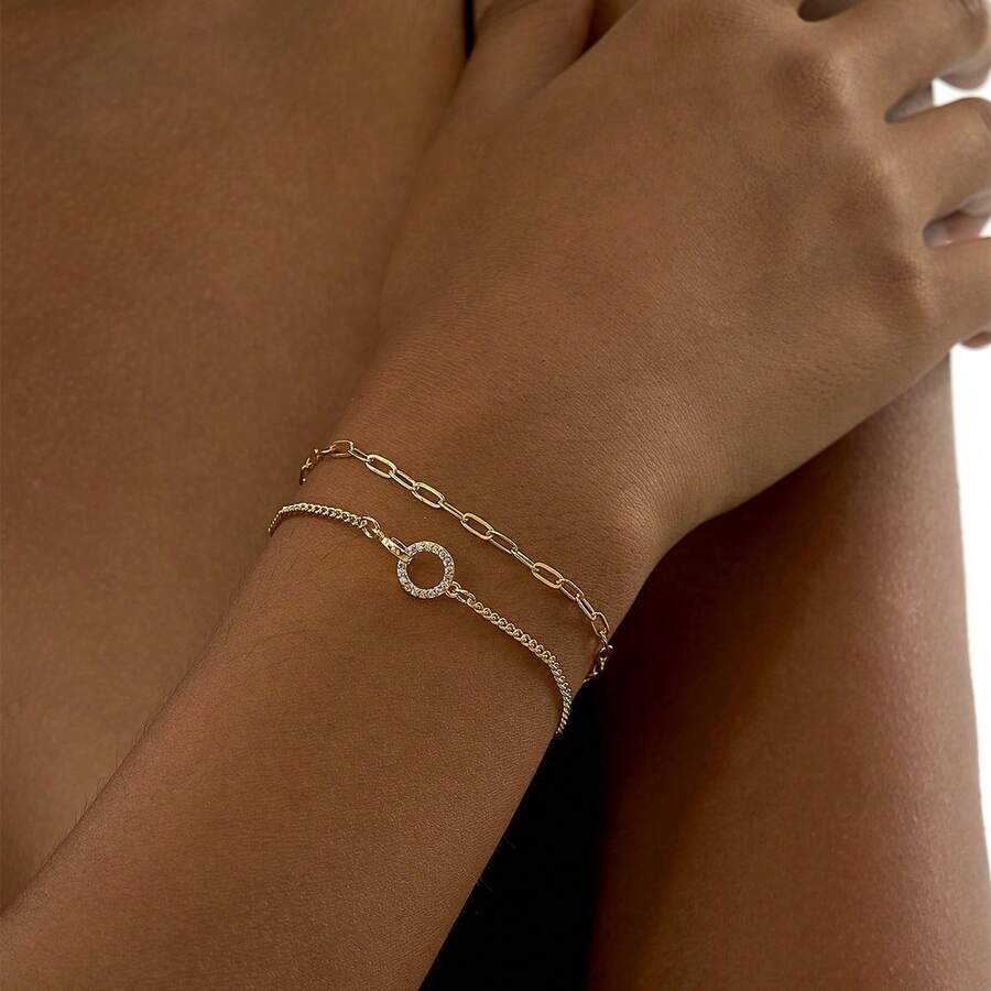 Tkool 2pcs/Set Women Bracelet Set, Summer Beach Vacation Bohemian Style, Copper Inlaid Zirconia Circle, Paperclip Chain, Tassel Multilayer Bracelet, Daily Accessory Gift - Yellow Gold - View 1