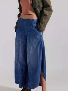 Women's Cropped Jeans With Pockets Simple Stylish Blue Low Rise Casual Wide Leg Denim Pants - Blue - View 3