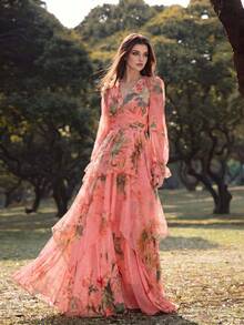 Elegant Women's New Floral Long Sleeve Multi-Layer Patchwork Design Dress, All-Over Flower & Leaf Print, Zipper Closure Vacation - Coral Orange - View 5