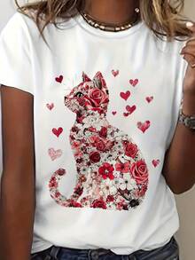 Camiseta estampada con corazón de San Valentín para amantes de los gatos, manga corta y cuello redondo, ideal para primavera y verano, ropa de mujer - Blanco - Ver 2