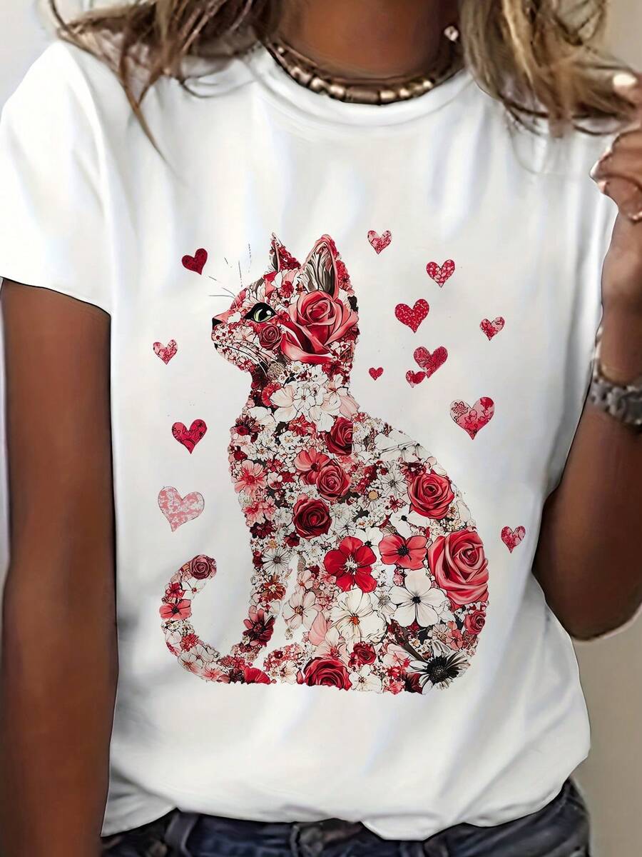 Camiseta estampada con corazón de San Valentín para amantes de los gatos, manga corta y cuello redondo, ideal para primavera y verano, ropa de mujer