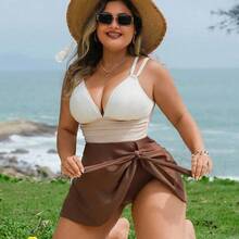 Swim Lushore Plus Size Women's Three-Color Patchwork Criss-Cross Strap Swimdress With Swimshorts 2 Pieces Set - Multicolor - Ver 8