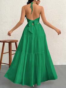 Vestido de gasa para mujer sin espalda con cuello halter y cola larga para vacaciones, bodas o festivales - Verde 2 - Ver 2