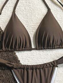 Conjunto de bikini de atar elegante y vintage de color marrón sólido para mujer, ideal para vacaciones y uso casual. Vestido con textura como cubierta de traje de baño, ropa de playa para primavera/verano - Café integral - Ver 5