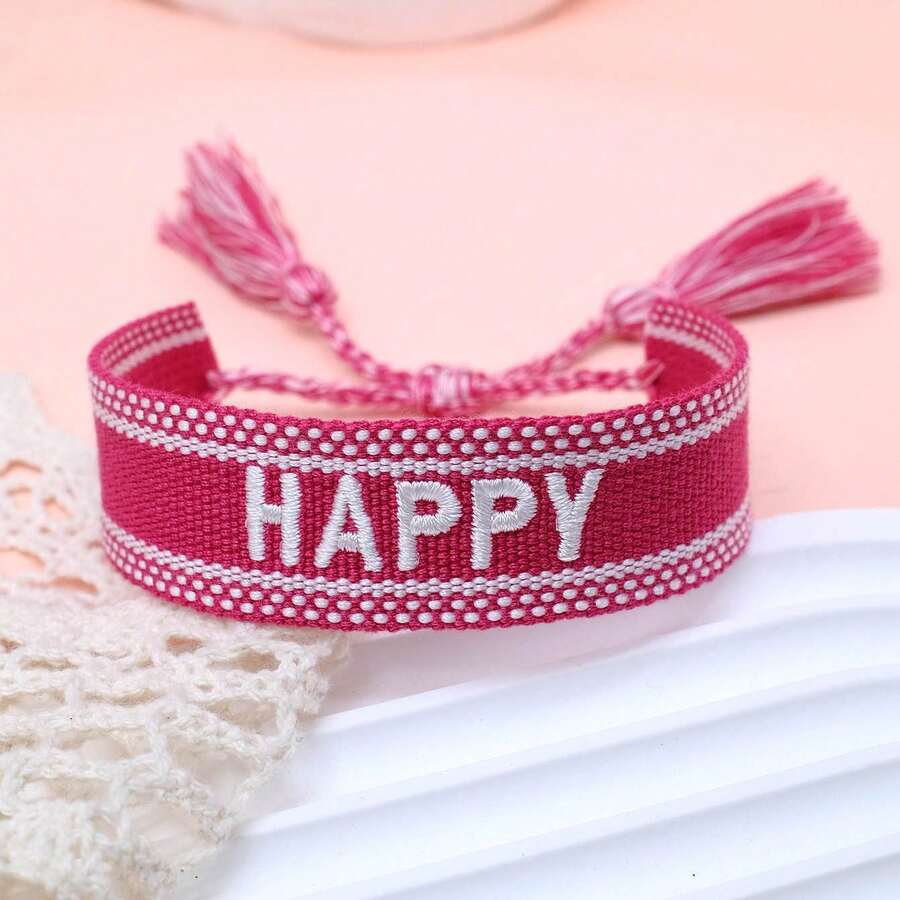 1pc Handmade Embroidered "HAPPY" Letter Woven Bracelet, Suitable For Friends, Family, Festivals, Parties, Travel, Casual Bohemian Style, Beach Vacation, Friendship Bracelet - Hot Pink - View 1