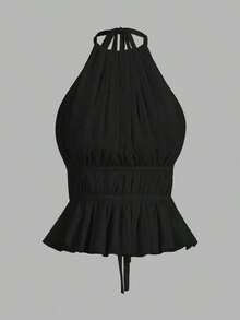 Top de tirantes sin espalda con cuello de halter y cintura anudada plisada para mujer - Negro - Ver 12