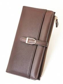 Dompet Panjang Kulit PU Patchwork Baru untuk Wanita, Dompet Lipat Minimalis dengan Slot Kartu dan Penutup Jepret - Chocolate Brown - View 1