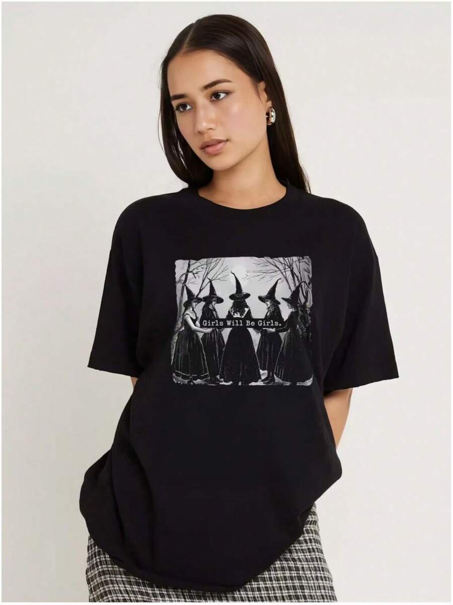 Camiseta de manga corta 100% algodón puro, estilo americano de verano, personalizada, retro, moderna, divertida, con estampado rejuvenecedor, de corte holgado. - Negro - Ver 1