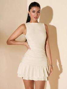 Vestido mini ajustado de mujer de color blanco liso sin mangas con volantes en la cintura y falda acampanada.Vestido de Body entero con capas para el verano, otoño e invierno - Albaricoque - Ver 5