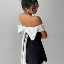 Valentine's Day Off Shoulder Black & White Bowknot Dress, Fairycore,Graduation,Graduation Dresses For Women,Back To School Dress,Summer Dress,Elegant Dresses For Party,Weddings & Events,Elegant Ceremony Dresses - Blanco y Negro - Ver 4