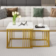 (WF326269AAW Makeover) Set Of 2 High-Gloss Square Coffee Tables With Marble Effect, Nesting Tables With Gold Legs, 60*60*45cm And 45*45*40cm, Versatile Use - White - View 3