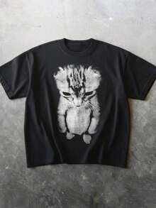 1 Piece Fashion Casual T-Shirt For Men And Women With Sad Cat Graphic 2026, Casual Crew Neck T-Shirt, Y2K Style, Plus Size For Women, Funny Gift For Her, Suitable For Daily Summer Wear, Black. Versatile, Easy To Match, Suitable For Daily Wear, Streetwear, Vacation Wear, Weekend Wear. - 黑色 - 查看 1