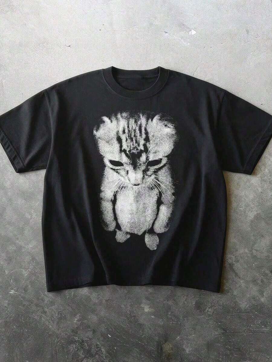 1 Piece Fashion Casual T-Shirt For Men And Women With Sad Cat Graphic 2026, Casual Crew Neck T-Shirt, Y2K Style, Plus Size For Women, Funny Gift For Her, Suitable For Daily Summer Wear, Black. Versatile, Easy To Match, Suitable For Daily Wear, Streetwear, Vacation Wear, Weekend Wear. - 黑色 - 查看 1