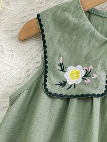 Girls' Solid Green Sleeveless Dress With Pleated Design, Black Peter Pan Collar, Daisy Embroidery, Half-Button Front, Layered Ruffle Hem - Olive Green - View 4