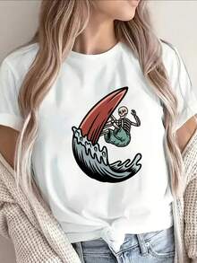 Camiseta de manga cortara mujer con gráfico de surfista esqueleto, llamativo patrón de olas, fondo negro, i para salidas informales, perfectara días en llaya o temas de Halloween - Blanco - Ver 2