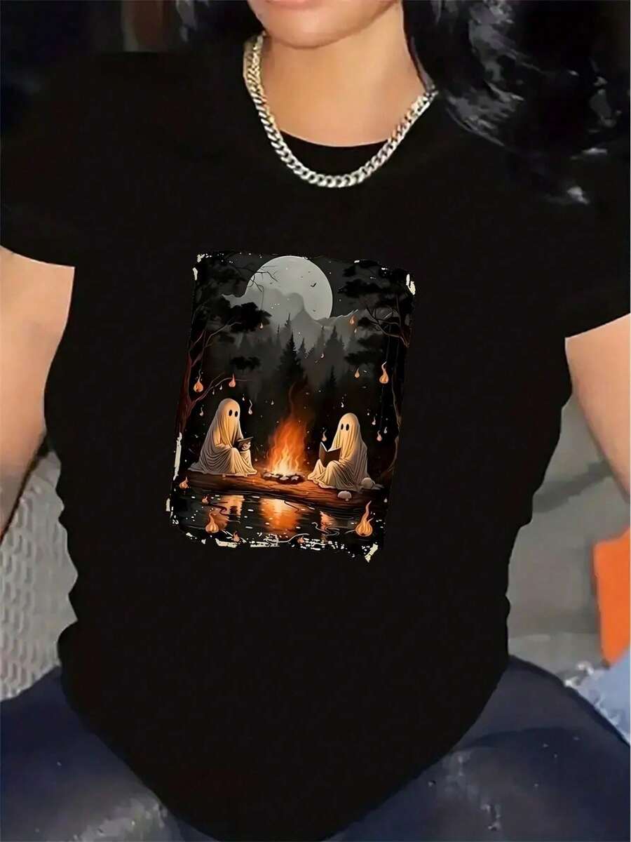 Women's Short Sleeve T-Shirt With Wolf And Moon In The Forest Design, Made Of Durable Polyester, Lightweight And Comfortable, Ideal For Casual Wear At Home Or Outdoor Activities - 黑色 - 查看 1