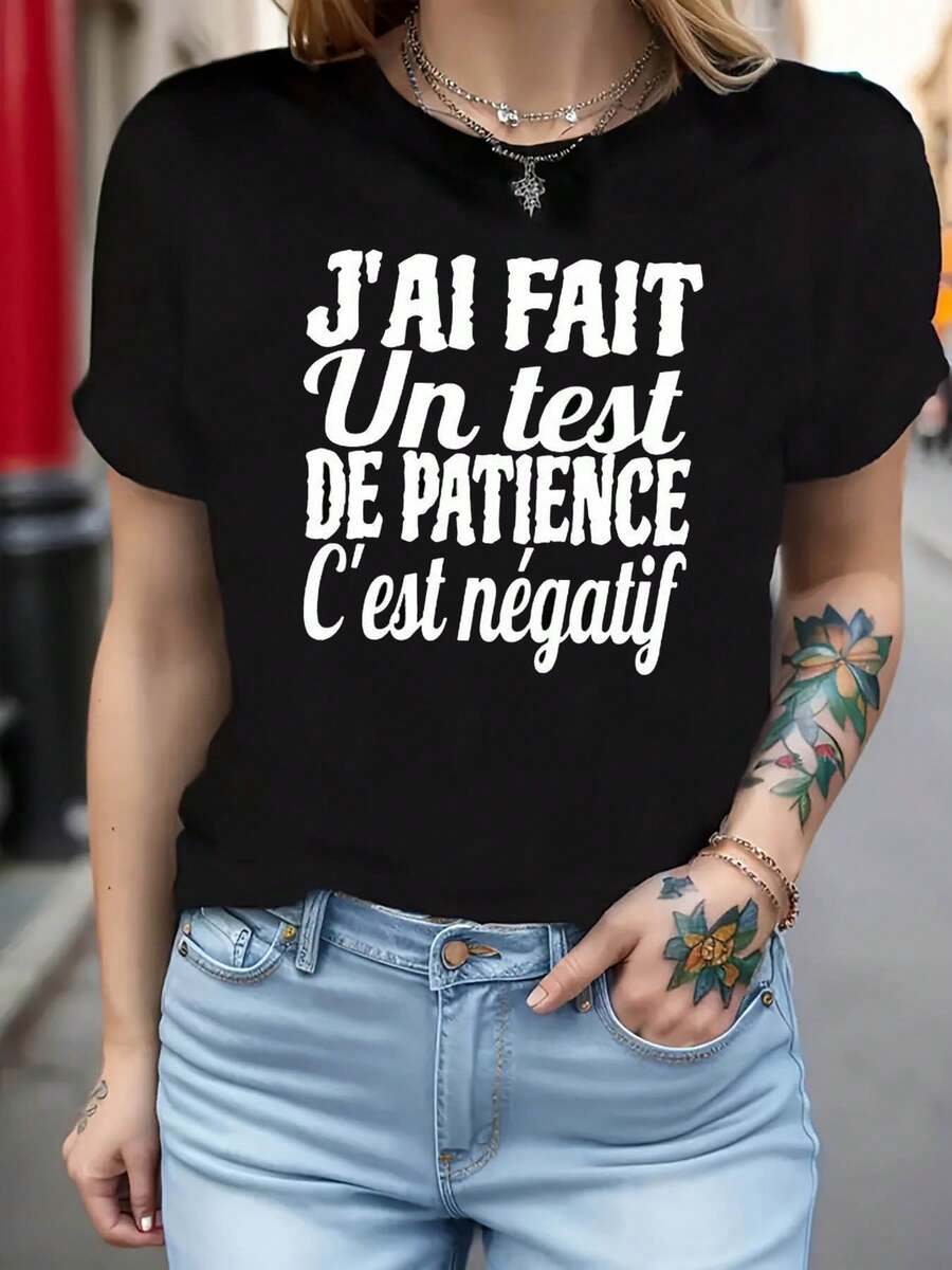 Talla Grande - Talla Grande - Prueba de Paciencia Negativa: Broma fría francesa. Hice una prueba de paciencia y el resultado fue negativo.Camiseta de Cuello Redondo Casual y Moderna para Mujer de Talla Grande con Estampado, para Primavera y Verano, Alegre, Adecuada para Salidas y Actividades al Aire Libre - Negro - Ver 1