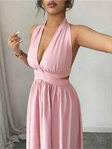Elegante vestido sin mangas con cuello en V, diseño hueco en la cintura y pliegues, color morado, nueva llegada de primavera/verano - Rosa - Ver 4