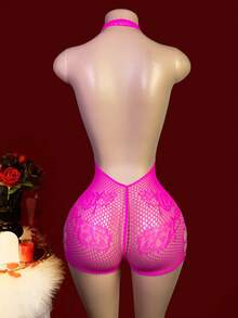 1 bộ đồ lót liền thân lưới jacquard khoét rỗng gợi cảm - Màu Hoa hồng đỏ - Xem 2
