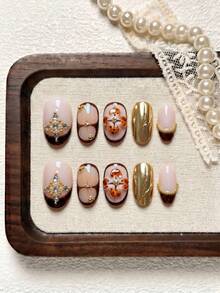 10pcs/Set Handmade Press On Nails Almond, Nude, White, Yellow And Red Color With French Edge, Gel-X False Nails With Floral Embossing And Wavy Patterns, Orange Gradient, And Cat-Eye Fake Nails With Polka Dots And Lines, Suitable For Party, Wedding, Daily Wear, Contain 1Pc Jelly Glue And 1Pc Nail File,Great Gift For Women & Girls - Multicolor - View 2