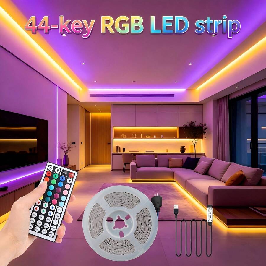 1 pieza Tira de luz LED RGB alimentada por USB con control remoto de 44 teclas, múltiples opciones de color, adecuada para sala de estar, dormitorio, sala de computadora, decoración de escaleras y diversas decoraciones navideñas - Tira de luz RGB 3535 de 44 teclas - Ver 1