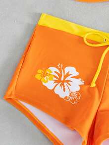 Conjunto de bikini de playa para mujer con bralette halter, adornado con nudo y estampado floral, shorts de alta elasticidad para vacaciones de verano - Naranja - Ver 6