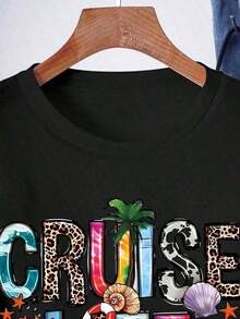 1 pieza CRUISE LIFE Camiseta con estampado de letras "Summer Vibe", "Hello Summer", camiseta de vacaciones para mujer con cuello redondo, manga corta deportiva, 210g 100% algodón, los diseños están completamente impresos. Unisexo. - Negro 2 - Ver 3