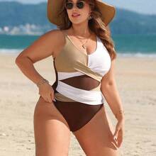 Swim Lushoire Elegant Plus Size Colorblock High Waist Swimsuit Sleeveless Plunge Neck Design - Multicolor - Ver 7