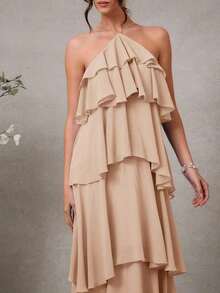 Vestido maxi elegante y romántico para invitada de boda, de gasa con cuello halter y volantes, en un solo color - Caqui - Ver 5
