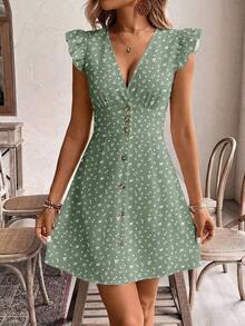 Frenchy Vestido casual de mujer con cuello en V, manga corta, corte evasé y botones con estampado floral diminuto, conjunto de vacaciones para mujer - Multicolor 2 - Ver 6