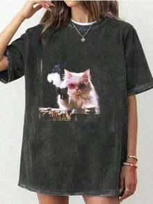 Men's And Women's 100% Cotton 1 Piece Of Funny Graphic T-Shirt With Cat Design, Men's Cotton T-Shirt, 230g, Washed Short Sleeve T-Shirt, Suitable For Halloween Gifts - 黑色 - 查看 2