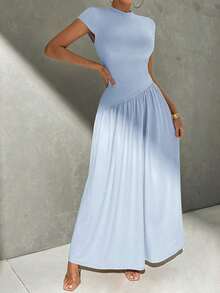 Vestido de línea A de manga corta, de cuello, ajustado, con bajo asimétrico, de uso diario, de estilo minimalista y elegante - Celeste - Ver 4