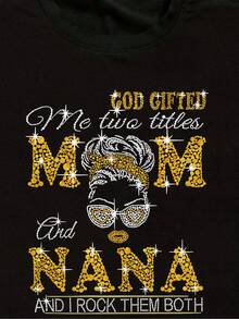 Camiseta Gráfica de Mujer MM NANA MAM "Mamá y Abuela" - Diseño con Brillo y Gafas de Moda, Cuello Redondo Manga Corta Casual para Primavera/Verano, Tejido No Transparente, Regalo del Día de la Madre para Abuelas - Negro - Ver 3