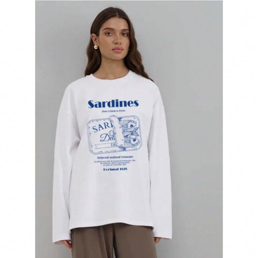 Camiseta de Manga Larga de Algodón Puro, Versátil, Moderna y Elegante, con Estampado Fresco y Divertido, para Primavera y Otoño 2025 - Negro - Ver 1