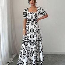Women's Summer Country Floral Print Bardot Neck Dress - Blanco y Negro - Ver 7