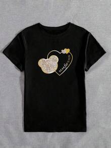 Women's Casual Round Neck Short Sleeve T-Shirt With Faux Pearl Trim, Bear Print And Graphic Slogan Design, HWEN JQMA Blouses For Women - 黑色 - 查看 5