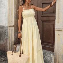 PariChic Women's French Style Vacation Spaghetti Strap Frill Trim Waist Fitted Long Textured Yellow Dress, Spring/Summer Yellow Maxi Dress Women Women Vacation Dress Yellow Sundress Women Long Sundress - Verde militar - Ver 7