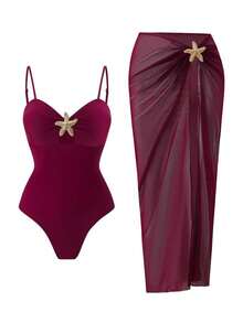 Elavelle Set de 2 piezas de traje de baño de una sola pieza con falda maxi, tirantes finos y decoración de estrella de mar, unicolor para mujer - Morado - Ver 3