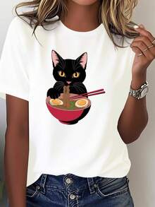 Women's T-Shirt Inspired By Japanese Anime With Cat And Ramen Bowl - 100% Comfortable Casual Wear, Round Neck And Short Sleeves With Kawaii Cartoon Design For Relaxed Outfits & Japanese Food Lovers - Geometric Print, Machine Washable, All Year Round Wear, Comfortable Fit, Playful Graphic Of A Cat Eating Ramen, Soft Breathable Fabric, Perfect For Anime Fans! - 白色 - 查看 1