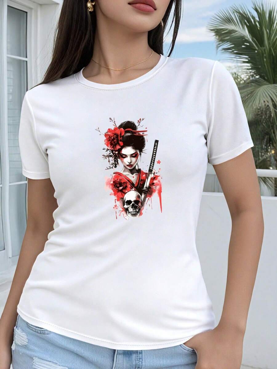 Estilo Regular de Manga Cortara Mujer - Dibujo Geométrico 2D, Geisha Japonesa Sosteniendo Esp, Estampado de Calavera, Estilo Artístico Único, Top Casual de Manga Corta con Cuello Redondo, Adecuado para Todas Las Estaciones, Múltiples Colores Y Tamaños Disponibles, Moda de Vacaciones