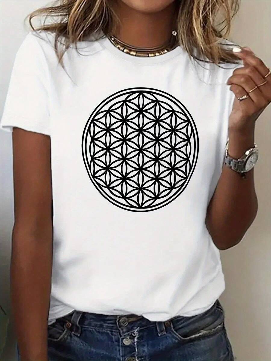 Talla Grande - Talla Grande - Camisetara Mujer, Estampado de Flor de Vida, Estampado de Letras, Talla Grande, Cuello Redondo