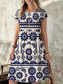 Vestido midi de manga corta, cuello redondo y corte holgado para mujer, adecuado para el verano - Multicolor 8 - Ver 5