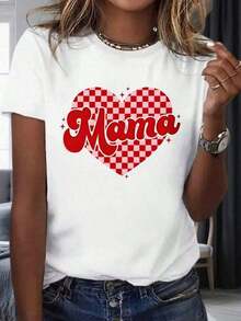 1 pieza Camiseta con Estampado de Corazones a Cuadros para Mujer, Manga Corta Casual, Diseño Rojo y Blanco, Regalo para el Día de la Madre, 180g, 100% Algodón - Negro - Ver 5