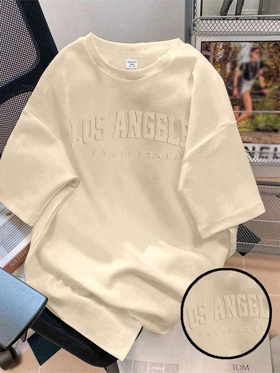 1pscSHEIN Camiseta Holgada de Manga Corta con Cuello Redondo y Gráfico en 3D en Relieve, Estilo Casual Minimalista para Mujer, Ideal para Verano, Top de Verano, Top Rojo, 100% Algodón. - Albaricoque - Ver 1