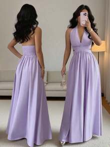 Elegante vestido sin mangas con cuello en V, diseño hueco en la cintura y pliegues, color morado, nueva llegada de primavera/verano - Morado - Ver 9