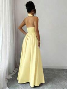 Elegante vestido sin mangas con cuello en V, diseño hueco en la cintura y pliegues, color morado, nueva llegada de primavera/verano - Amarillo - Ver 2