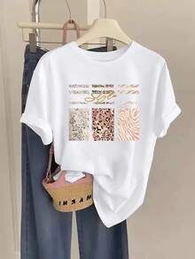 Camiseta de manga corta y cuello redondo con estampado de leopardo y cebra, top casual para verano y primavera, ropa de mujer - Blanco - Ver 1
