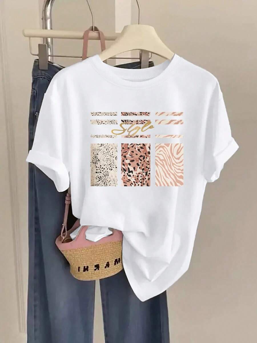 Camiseta de manga corta y cuello redondo con estampado de leopardo y cebra, top casual para verano y primavera, ropa de mujer - Blanco - Ver 1