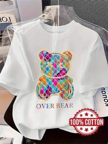 Camiseta de mujer 100% algodón, de corte holgado, con estampado de oso adorable - Manga corta, cuello redondo, ajuste relajado, transpirable, ideal como prenda casual para estar en casa o como capa base para pijama, diseño de cara de oso para usar en todas las estaciones. - Negro - Ver 6
