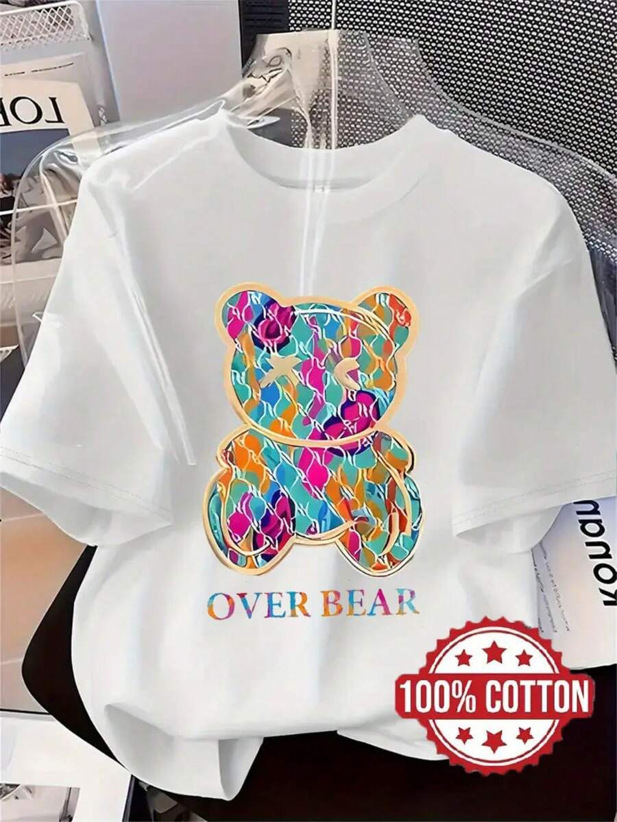 Camiseta de mujer 100% algodón, de corte holgado, con estampado de oso adorable - Manga corta, cuello redondo, ajuste relajado, transpirable, ideal como prenda casual para estar en casa o como capa base para pijama, diseño de cara de oso para usar en todas las estaciones. - Blanco - Ver 1